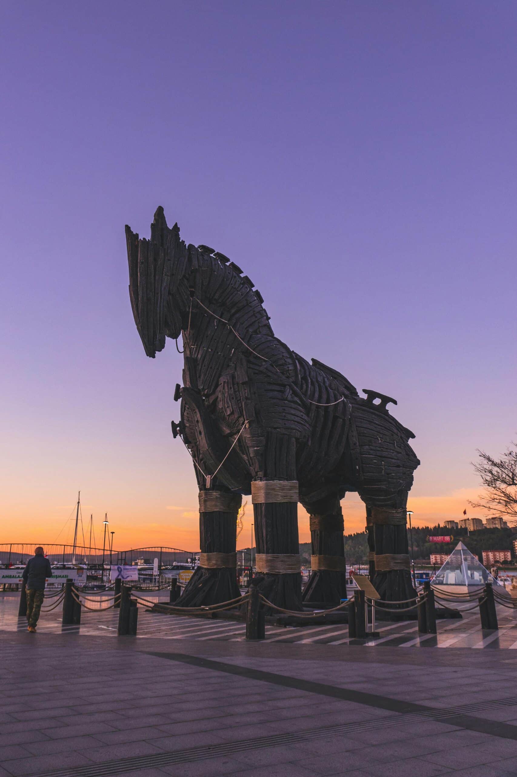 Trojan Horse Monument in Çanakkale, Turkey during sunset – iconic wooden statue representing the ancient city of Troy.