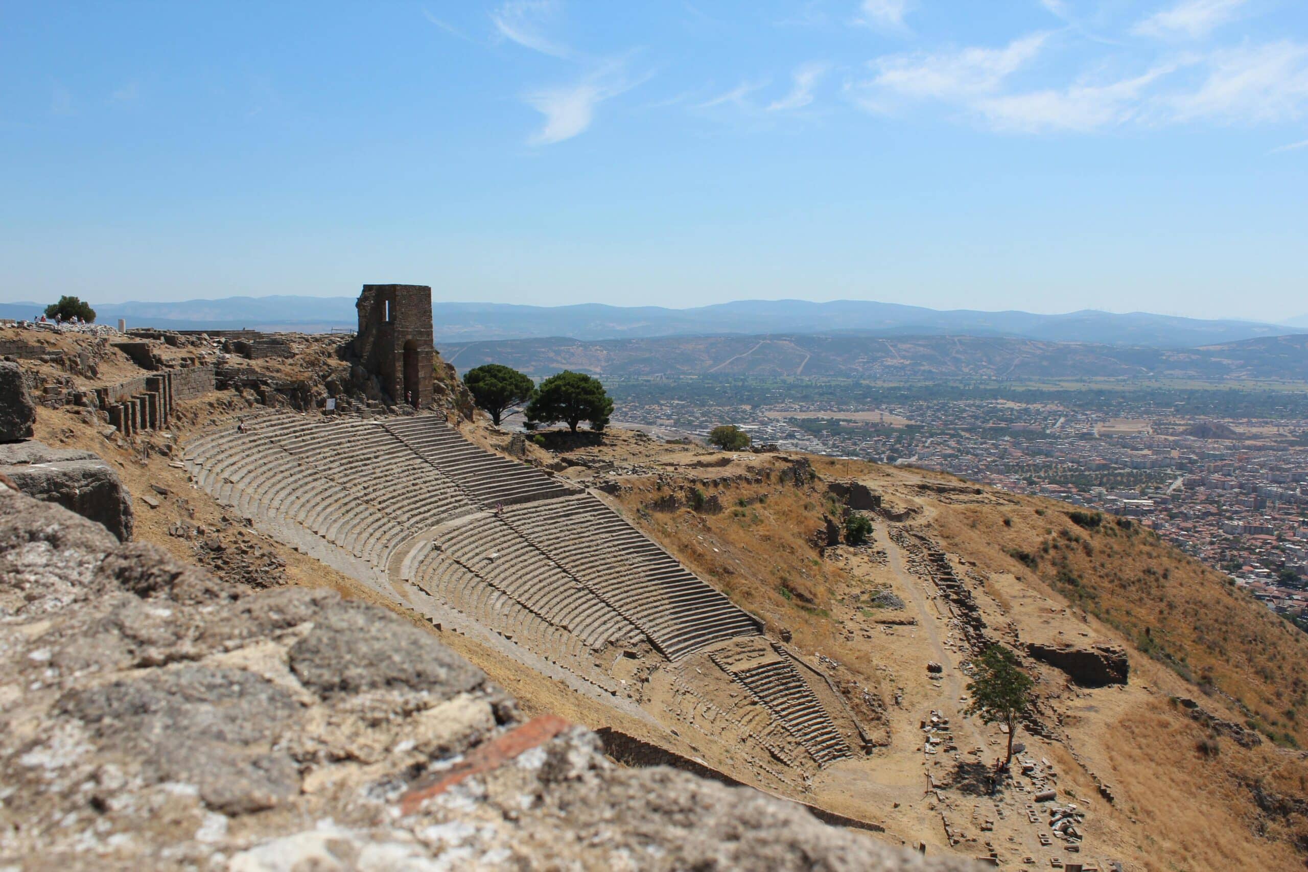 Ancient Theater of Pergamon on the Acropolis Hill in Bergama, Turkey, overlooking the modern city and valley below.